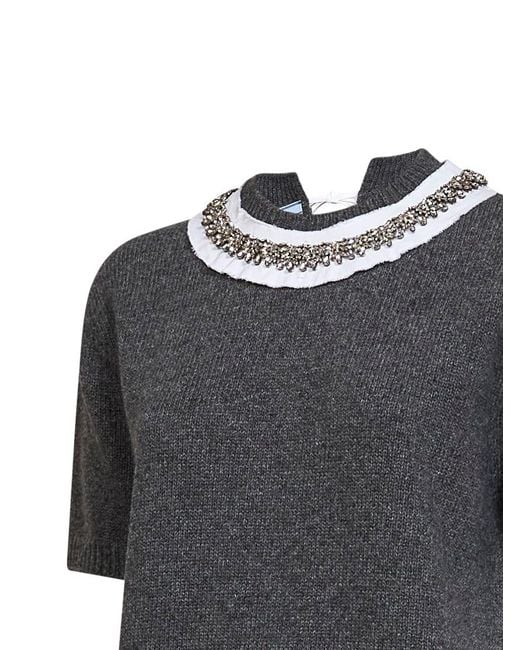 Prada Abbigliamento Gray Slate Wool Knit Sweater With Embroidered Collar