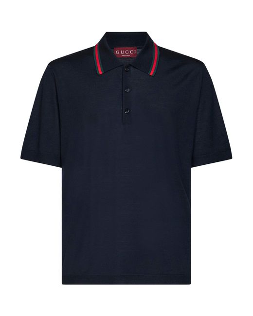 Gucci Blue Dark Wool Knit Polo With Web Pattern for men