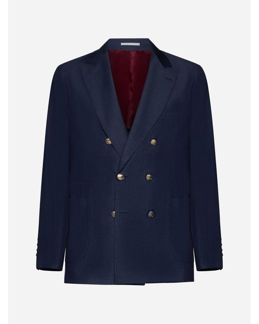 Brunello Cucinelli Blue Wool And Linen Double-breasted Blazer for men