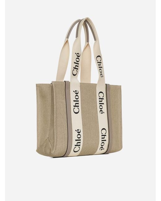 Chloé White Woody Medium Linen Tote Bag