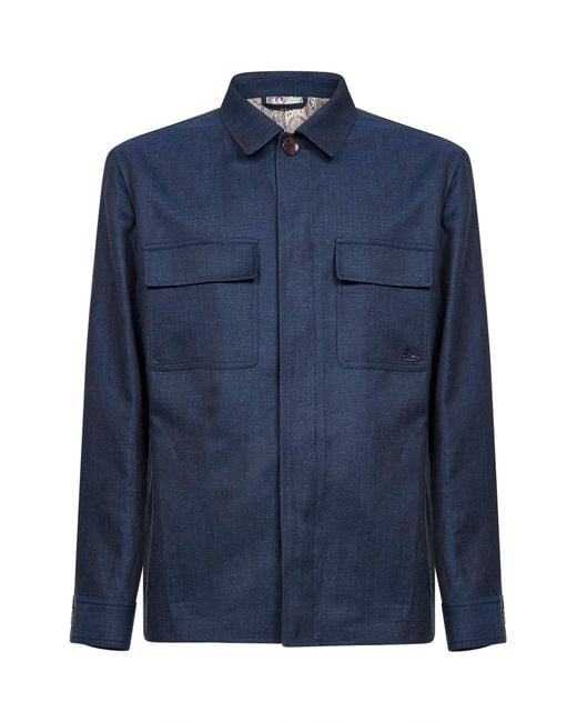 Etro Blue Wool And Linen Shirt Jacket for men