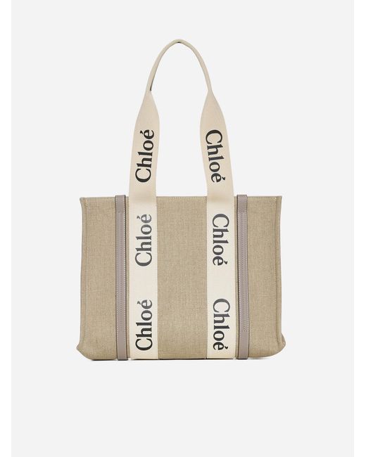 Chloé White Woody Medium Linen Tote Bag