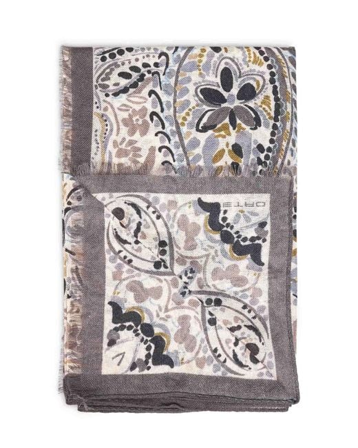 Etro Gray Wool And Silk Scarf With Floral Paisley Pattern