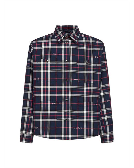 Gucci Blue Jacquard Cotton Tartan Padded Shirt for men