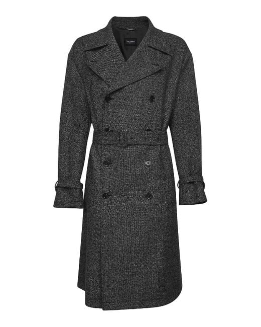Dolce & Gabbana Black Dotted Wool Double-Breasted Trench Coat for men