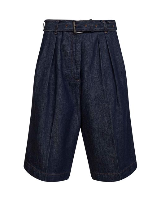 Dries Van Noten Blue Denim Belted And Pleated Bermuda Shorts