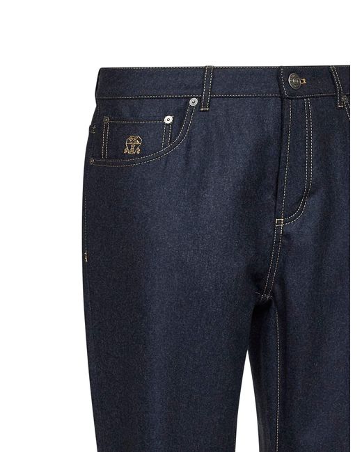 Brunello Cucinelli Blue Virgin Wool Flannel Five-Pocket Trousers for men