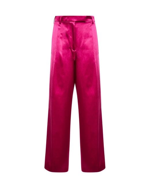 Dries Van Noten Red Fuchsia Satin Wide-Leg Trousers