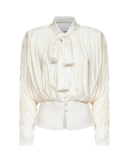 Self-Portrait White Cream Jersey Gathered Tie Neck Top