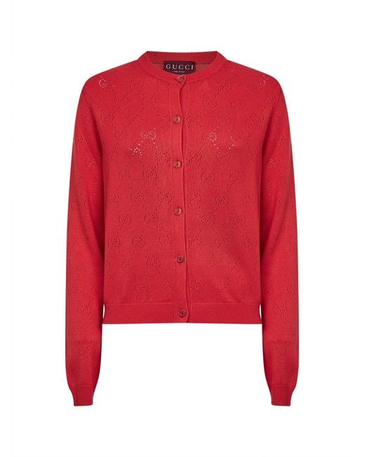 Gucci Red Coral Rose Gg Cotton Knit Cardigan