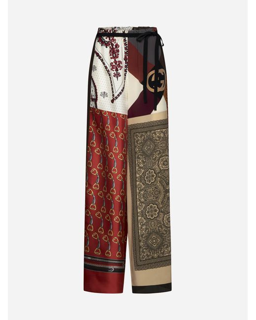 Gucci Red Patchwork Print Silk Trousers