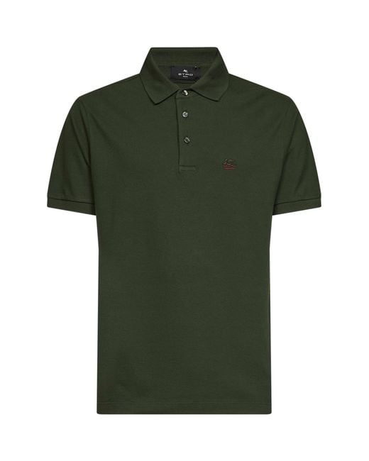 Etro Green Cotton Piqué Pegaso-Embroidered Polo Shirt for men