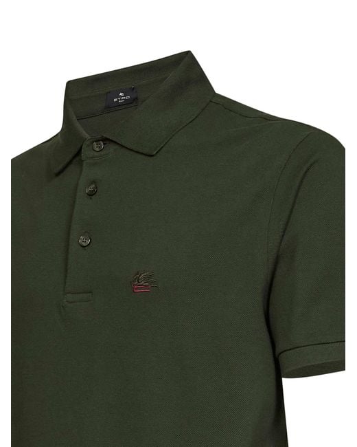 Etro Green Cotton Piqué Pegaso-Embroidered Polo Shirt for men
