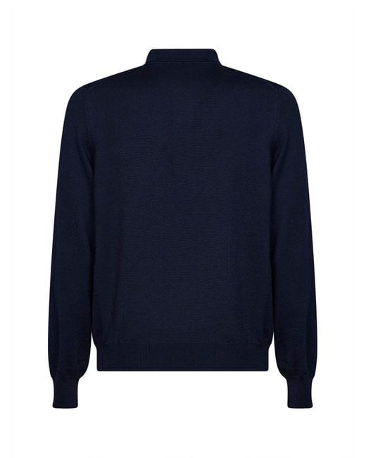 D 40 Blue Virgin Wool Knit Long-Sleeved Polo Shirt for men