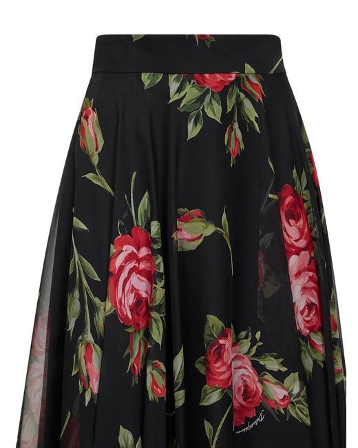 Dolce & Gabbana Black Rose Bouquet Printed Chiffon Midi Full Skirt