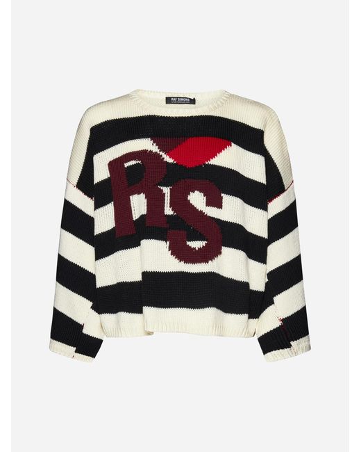Raf Simons Logo Striped Wool Cropped Sweater in White | Lyst