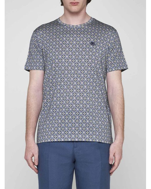 Etro Blue Geometric Print Cotton T-shirt for men