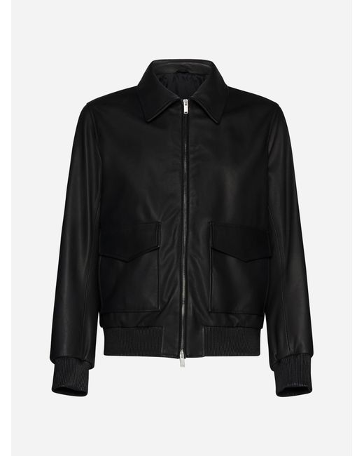 Lardini Black Leather Bomber Jacket for men