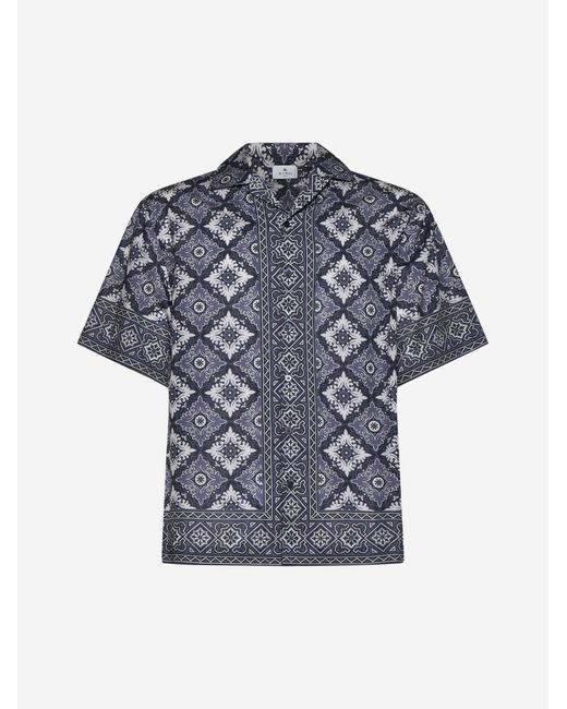 Etro Blue Geometric Print Silk Shirt for men