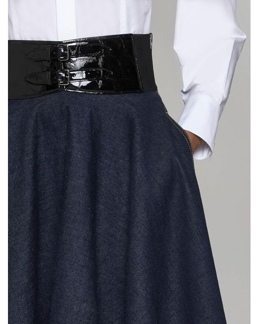 Alaïa Blue Belted Denim Midi Skirt