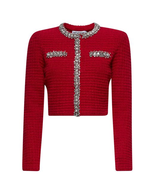Self-Portrait Red Lurex Knit Embellished Cardigan