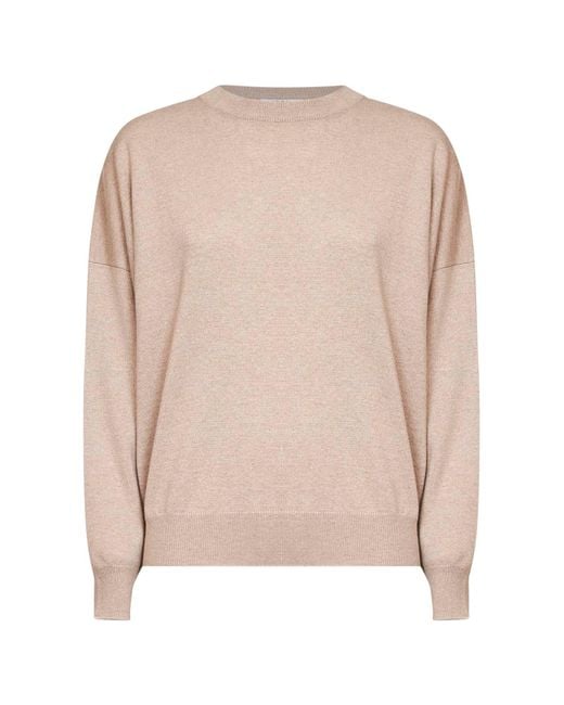 Brunello Cucinelli Natural Cashmere Knit Crewneck Sweater With Monili