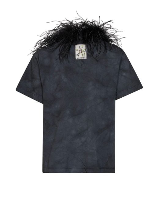 Des Phemmes Black Dark Steel Tie-Dye Cotton T-Shirt With Feather Trim