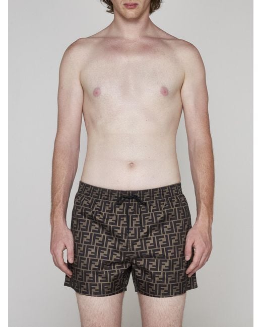 Fendi Gray Ff Logo Nylon Swim Shorts for men
