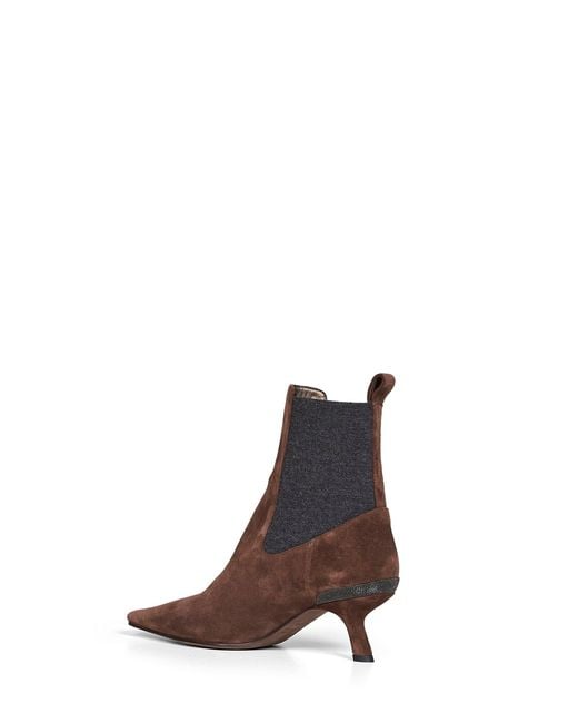 Brunello Cucinelli Brown Espresso Suede Heeled Ankle Boots With Precious Details