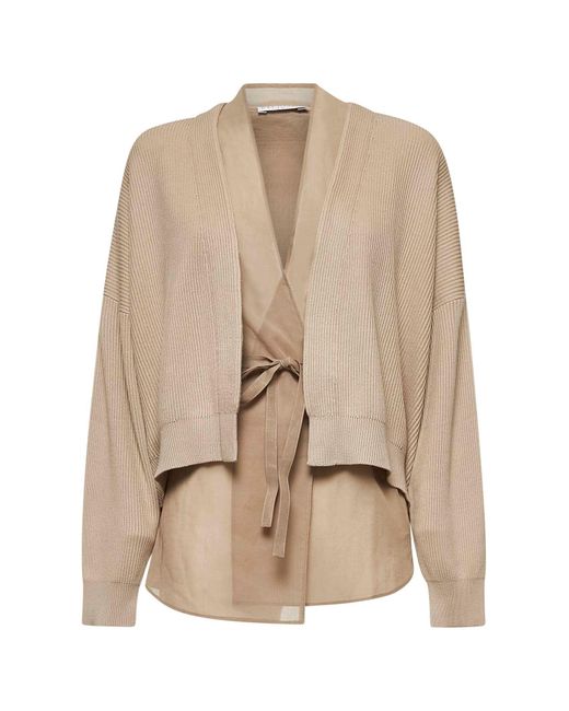 Brunello Cucinelli Natural Knit And Organza Layered Cardigan
