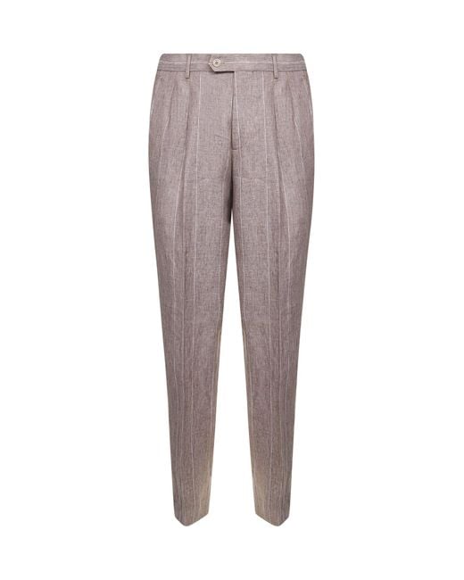 Brunello Cucinelli Gray Beige Pinstripe Canvas Leisure Fit Trousers for men