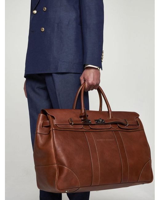 Brunello Cucinelli Brown Leather Duffel Bag for men