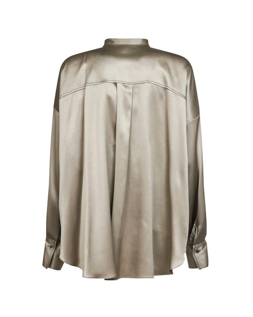Brunello Cucinelli Gray Stretch Silk Satin Shirt With Monili