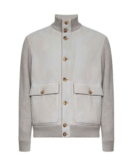 Brunello Cucinelli Gray Suede And Knit Bomber Jacket for men