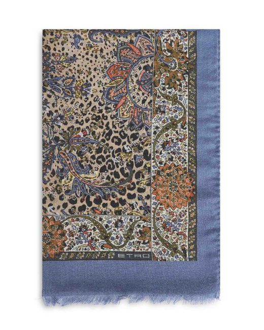 Etro Gray Powder Cashmere Blend Animalier Paisley-Pattern Scarf