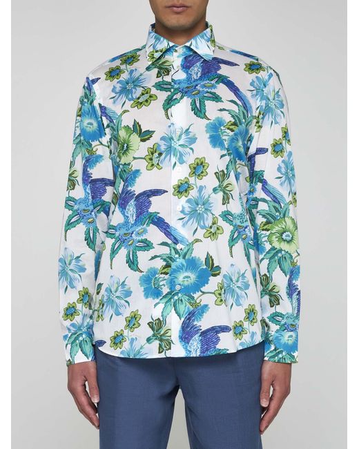 Etro Blue Floral Print Cotton Shirt for men