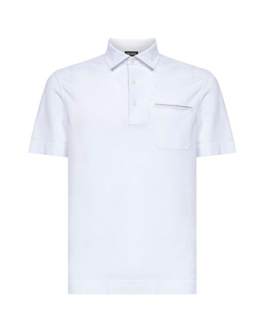 Zegna White Cotton Pique Polo Shirt With Chest Pocket for men