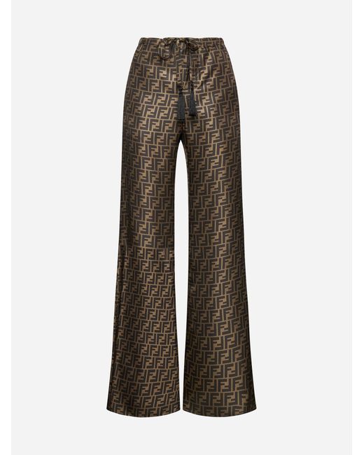 Fendi Ff Print Silk Trousers in Brown | Lyst