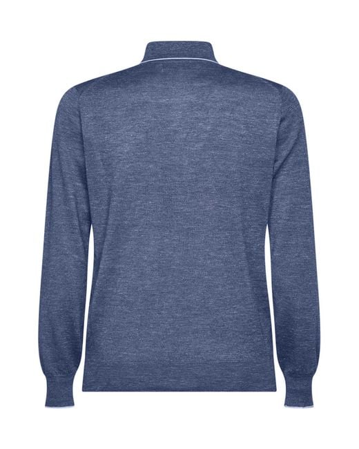 Brunello Cucinelli Blue Cashmere And Silk And Hemp Knit Polo Shirt for men