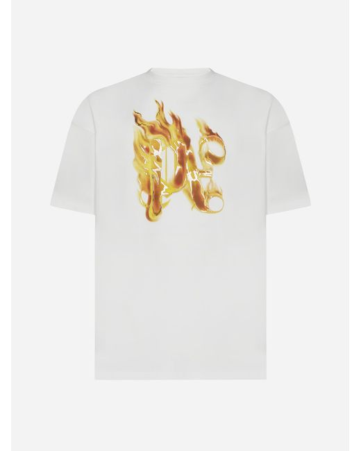 Palm Angels White Burning Monogram Cotton T-shirt for men