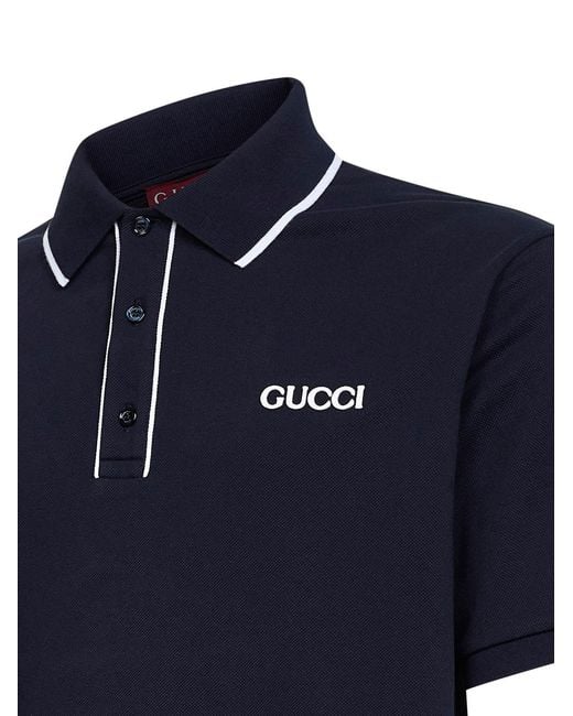 Gucci Blue Cotton Pique Embroidered Polo Shirt for men
