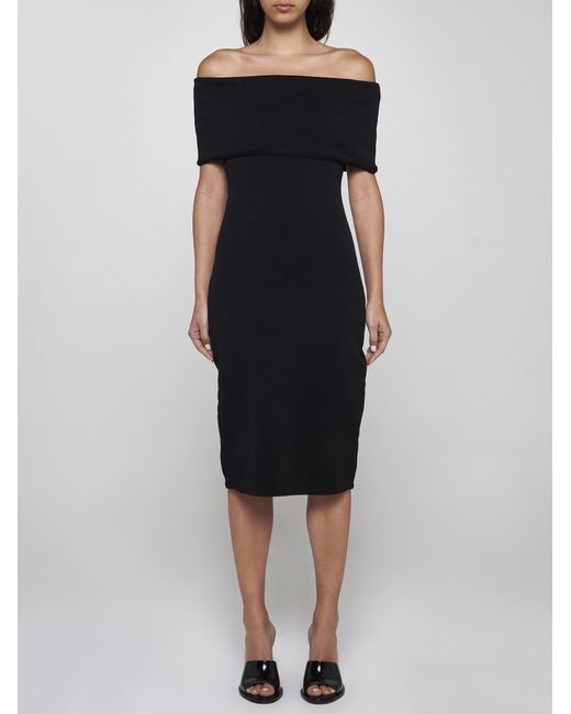 Bottega Veneta Black Textured Nylon Off-the-shoulder Dress