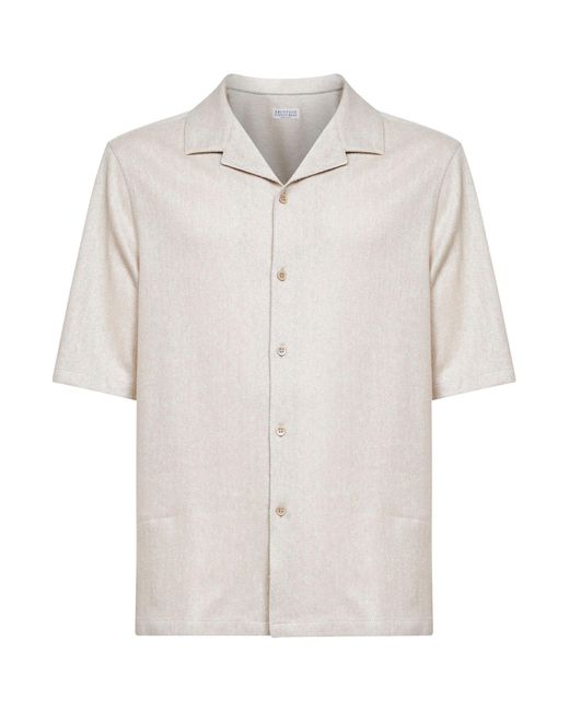 Brunello Cucinelli White Chevron Jersey Short-Sleeved Shirt for men