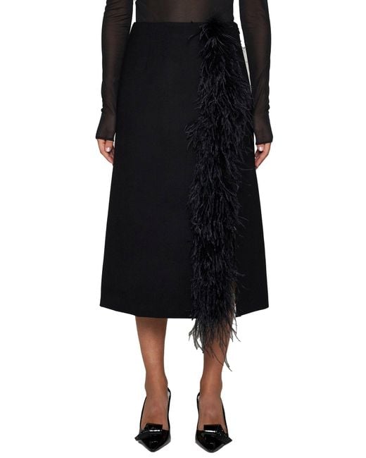 Prada Abbigliamento Black Feathers Wool Midi Skirt