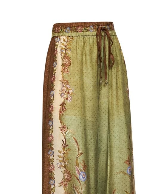 Zimmermann Green Khaki Floral Scarf-Print Silk Habotai Indra Relaxed Trousers