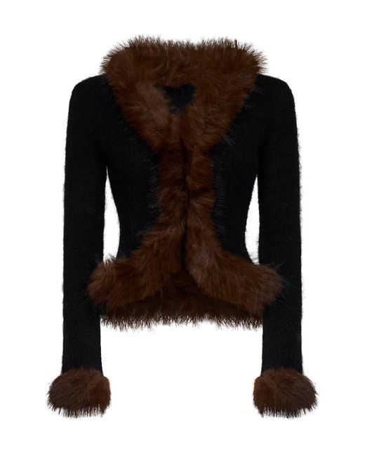 Self-Portrait Black Knit Cardigan With Faux-Fur Details