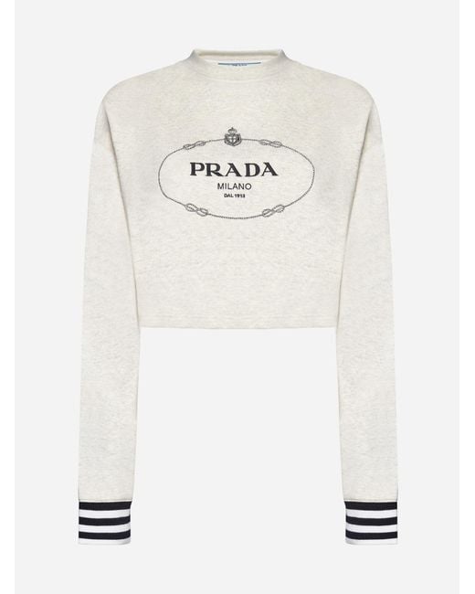 Prada White Logo Cotton Cropped Sweatshirt