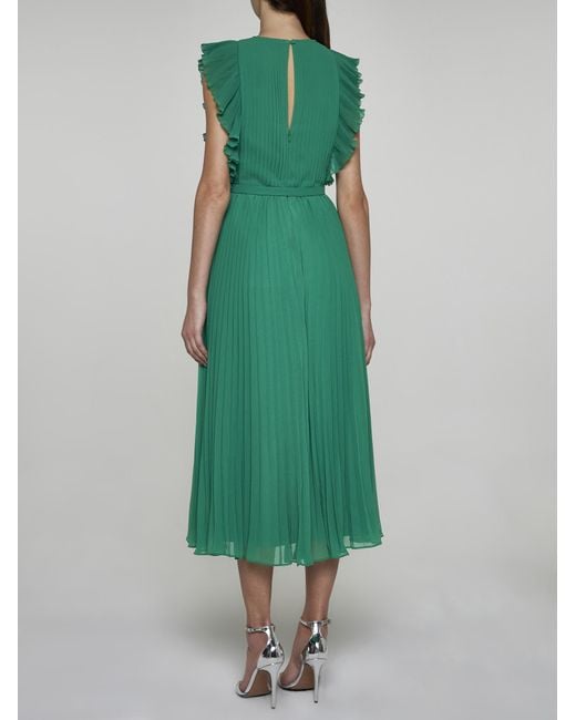 Self-Portrait Green Pleated Chiffon Midi Dress
