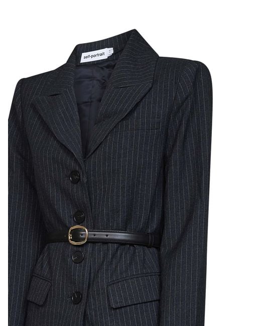 Self-Portrait Black Tailored Dress With Pinstriped Blazer And Satin Skirt