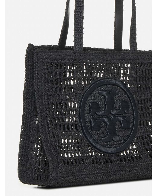 Tory Burch Black Ella Crochet Straw Small Tote Bag